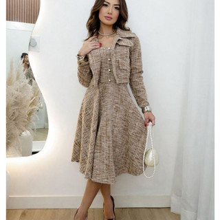 Conjunto vestido y Casaco  Blêizer Moda Evangelica Na malha Tweed Com lacinho e Botão Perolado