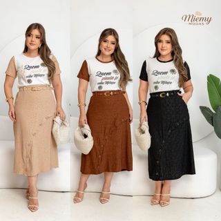 Conjunto Alice Feminino Saia Midi  em Lese com Botões + T-Shirt Bordada Moda Evangélica