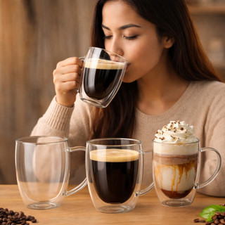 Caneca de Café 350ml Transparente Xícaras Vidro borossilicato Parede Duplo Para Chá Suco Água