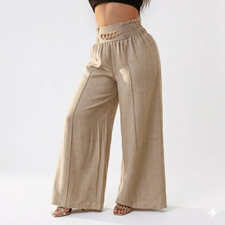 Calça Pantalona De Linho Com Cinto Fake  Cintura alta e casual com decoração De Corrente Metálica e Bolsos.