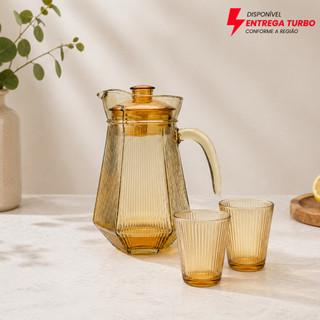 Jarra Dourada + 6 Copos de Vidro | Jogo 7 Peças Elegante para Água, Suco e Drinks