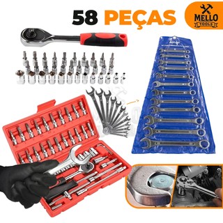 Jogo Kit Ferramentas 58 Peças Completo com Soquetes, Catraca, Bits e Chaves Combinadas – Jogo Profissional