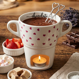 Caneca Fondue 250ml Porcelana Decorada Alça Chocolate Queijo Sobremesa Mesa Posta Dia Dos Namorados