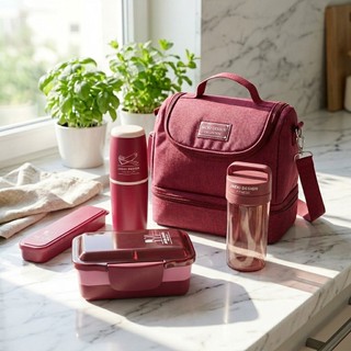 Kit de Bolsa Térmica c/ 2 Compartimentos, Copo e Marmita, Porta Talher e Porta Escova