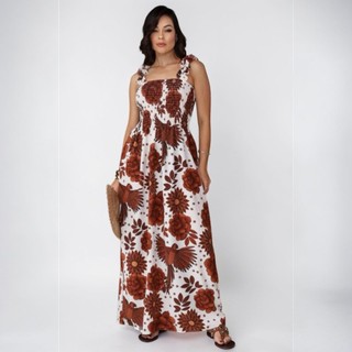 Vestido Longo Feminino Lastex Estampado Floral Alça Babado Verão