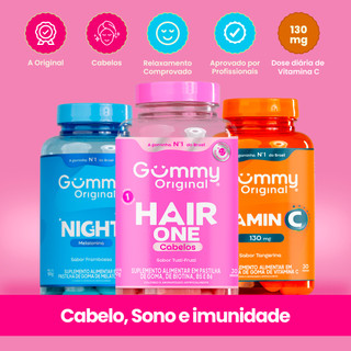 Kit Gummy Night + Hair + Vitamina C 3 Frascos Melatonina Biotina Imunidade