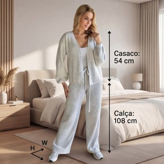 Conjunto Feminino Tricô Mousse Inverno 2 Peças Casaco e Calça Pantalona Quentinho 36 ao 44