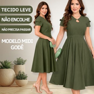 Vestido Feminino Midi Elegante Festa Tecido Confortável Leve Acinturado Rodado Elegante