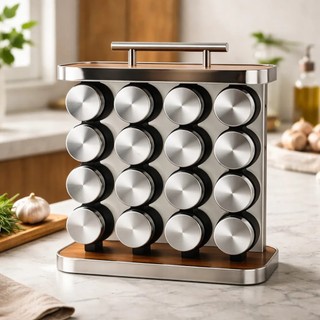 Porta Condimentos Tempero Vertical Com Alça Aço Inox Base Madeira 16 pçs Potes Vidro Pronta Entrega