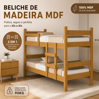 Beliche Alana Solteiro Compacta Reforçada Moderna De MDF Com Estrado Madeira E Vira Duas Camas