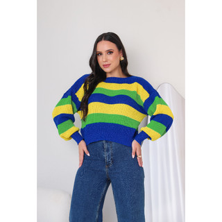 Blusa do Brasil Feminina Tricot Estilosa Elegante Tendência Copa Brazilcore Tricô Manga Longa Fang