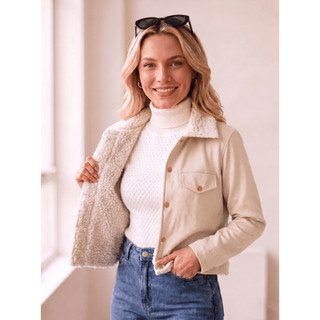 Jaqueta Feminina em Suede Forrada Confortável Pelúcia Elegante Premium Frio Inverno