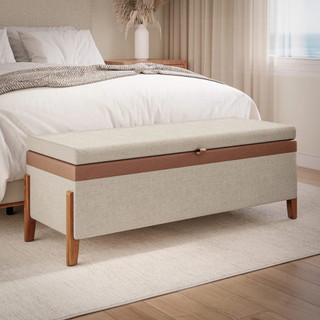 Recamier Atenas 120cm Puff Baú Em Linho Bege Casal Organizador Moderno Sapateira Confortável Para Quarto