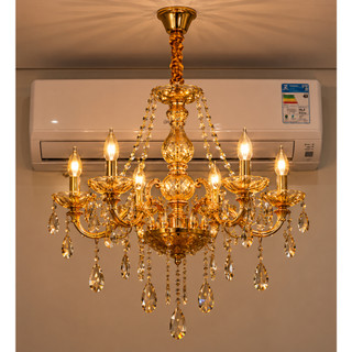 Lustre Cristal Legítimo Pendente Retrô 58cm Luminária 6 Braços Candelabro Luxuoso Ambar Sala Hall