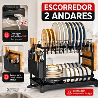 Escorredor de Louça Inoxidável Rack 2 Andares Drenagem Automática Bandeja 360º Organizador Pia