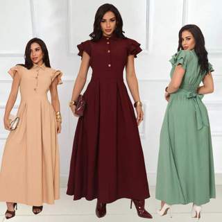 Vestido Feminino  Elegante com Babado nas Mangas e Botões Frontais em Tecido Sensorial, gola estruturada