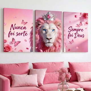 Quadro Decorativo 3 Peças Leão Rosa Borboletas Nunca foi Sorte Decoração Sala Quarto Escritório