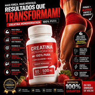 Creatina Feminina com Colágeno e BCAA - Sabor Morango - Ganho de Glúteos, Massa Muscular e Definição