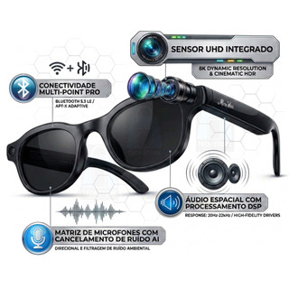 Óculos Com Câmera Inteligente 4k Full HD Vídeo Foto Tradução Bluetooth Aúdio Microfone Auto-falante