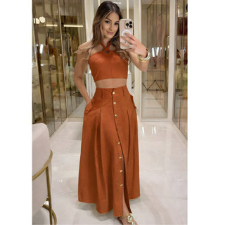 Conjunto Feminino Soft  Longo Elegante com Botões Dourados Feminino Exclusivo Inspiração Boutique