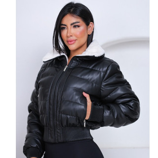 Jaqueta Puffer Feminina Corino Inverno Luxo Blogueira Motoqueira Resistente Premium