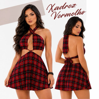 Vestido Feminino Curto Xadrez festa junina rodeio Com Bojo Decote Frente Única Abertura Cintura Soltinho Crepe