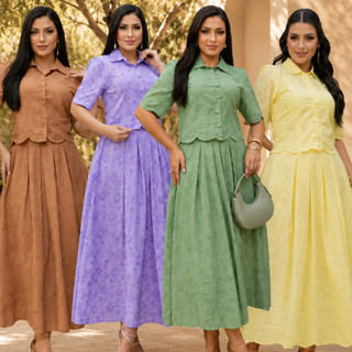 Conjunto Feminino Saia Mídi e Blusa Botões Algodão Cintura Elástica Evangélico Elegante Modesto