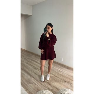 Conjunto Feminino Saia Godê Curta e Blusa Manga Longa Bufante Tendência Moda Blogueira Tricot