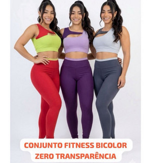 Conjunto calça e short top Fitness Feminino Bicolor Suplex Premium Cintura Alta Zero Transparência Academia