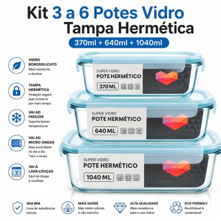 Kit 3 Potes Vidro Tampa Hermética 370ml + 640ml + 1040ml Marmita Armazenar Alimento Comidas Refeição