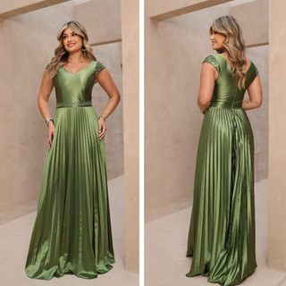 Vestido de festa longo feminino casamentos madrinhas saia plissado manguinha curta