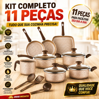 Jogo de Panelas Antiaderente Peças - Com Tampas de Vidro e Utensílios, Cabos Térmicos