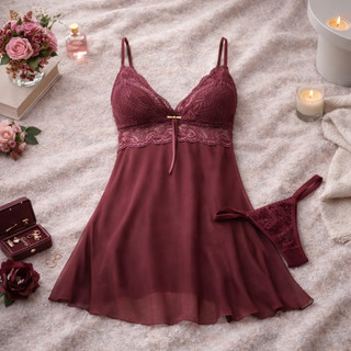 Camisola Sensual Sem Bojo em Renda e Tule Transparente com Calcinha Sexy Conjunto Lingerie Feminino
