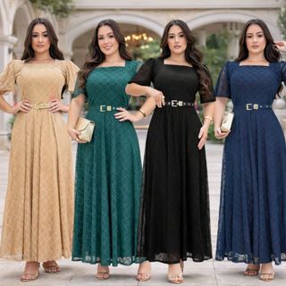 Vestido Longo Moda Evangélica Tule Poliamida Forrado Cinto Decote Quadrado Elegante Fluido Modesto