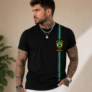 Camiseta Masculina Blusa Brasil 3 Listras T-shirt Verão Manga Curta Camisa Algodão Premium Slim/Mid Size/Plus Size