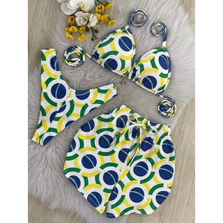 Conjunto Biquíni Cortininha + Shortinho | Look Feminino Praia Colorido Verão Estiloso BRASIL BANDEIRA