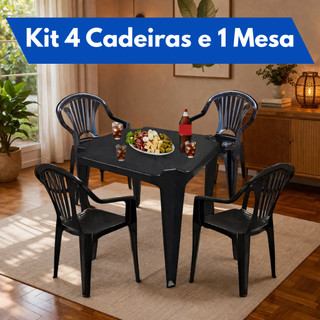 Kit Jogo 1 Mesa e 4 Poltronas Plásticas Preta Bar Jantar Ar Livre Varanda Até 154kg