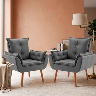 2 Poltronas Cadeiras Decorativa Luxuosa Pés Palito Madeira Suede Cinza Gray