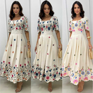 Vestido Elegante em Linho com Bordado Manga Princesa Perfeito para Todas as Ocasiões