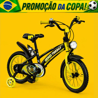Bicicleta Infantil Aro 14 Old School Amarela 3 a 7 Anos LED + Pneu Grosso + Farol + Rodinhas + Freio V-Brake Completa