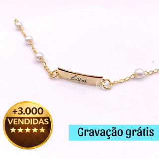 Pulseira Pérola Infantil RN Bebê Personalizada com gravação Nome Banhada a Ouro 18k
