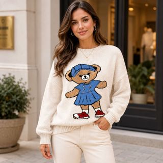 Blusa Tricot Feminina Ursinho Bear Fio Mousse Gola Redonda Quentinha Inverno Confortável