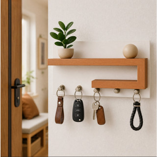 Porta Chaves Organizador com Prateleira Decorativa – Design Moderno em MDF | Branco + Freijó | Freijó + Branco | Branco