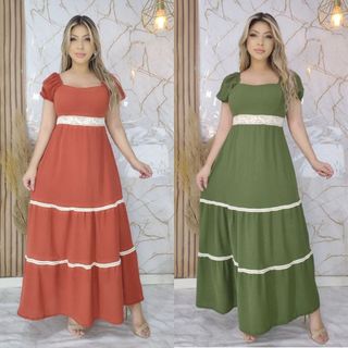 Moda Feminina Vestido Longo Casual Festa Forrado com Renda Elegante Confortável Versátil