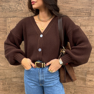 Cardigan Feminino Trico Acabamento Superior Grosso Encorpado Manga Bufante Casaco Botões Inverno