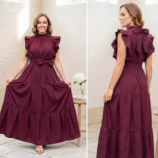 Vestido Feminino Longo Luxo, Evangelico e Festa Saia três Marias com Babado Allana