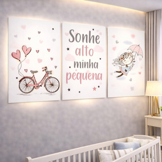Kit 3 Quadros Quarto Infantil Menina Sonhe Alto Minha Pequena