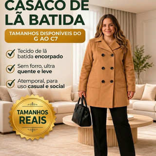 Sobretudo Feminino Plus Size G GG G1 G2 G3 G4 G5 G6 G7 Lã Batida Com Elastano Elegante Inverno Cinto