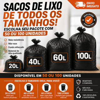 Saco de Lixo 100 Litros / 60L / 40L / 20 Litros resistente direto da fábrica