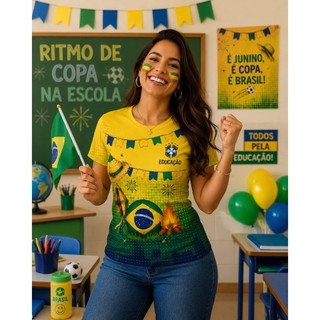 Blusa Junina Festa São João Educação Verde e Amarelo
